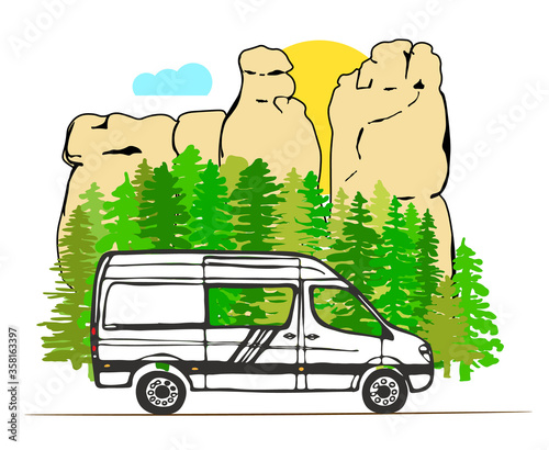 White van with forest and sandstone rock formation in the background. Living van life, camping in nature, travelling concept. Vector Illustration.