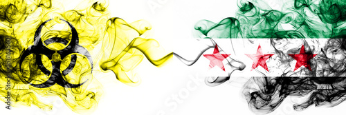 Syria, Syrian Arab Republic, opposition Quarantine. Coronavirus COVID-19 lockdown. Smoky mystic flag of Syria, Syrian Arab Republic, opposition with biohazard symbol placed side by side.