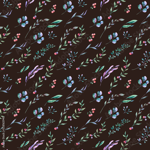 Watercolor summer flowers seamless pattern on black background. Natural vintage floral texture.