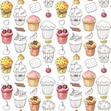 Seamless pattern with muffins drawn with watercolor and brown pen. Contemporary design for menu, mat and rug, craft paper for takeaway food. Delicious desserts illustration, fine and detailed artwork.