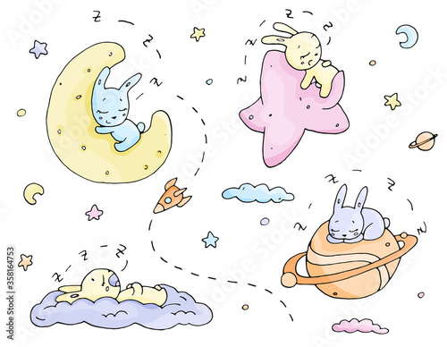 cute rabbits and sky objects, vector tender set for nurcery