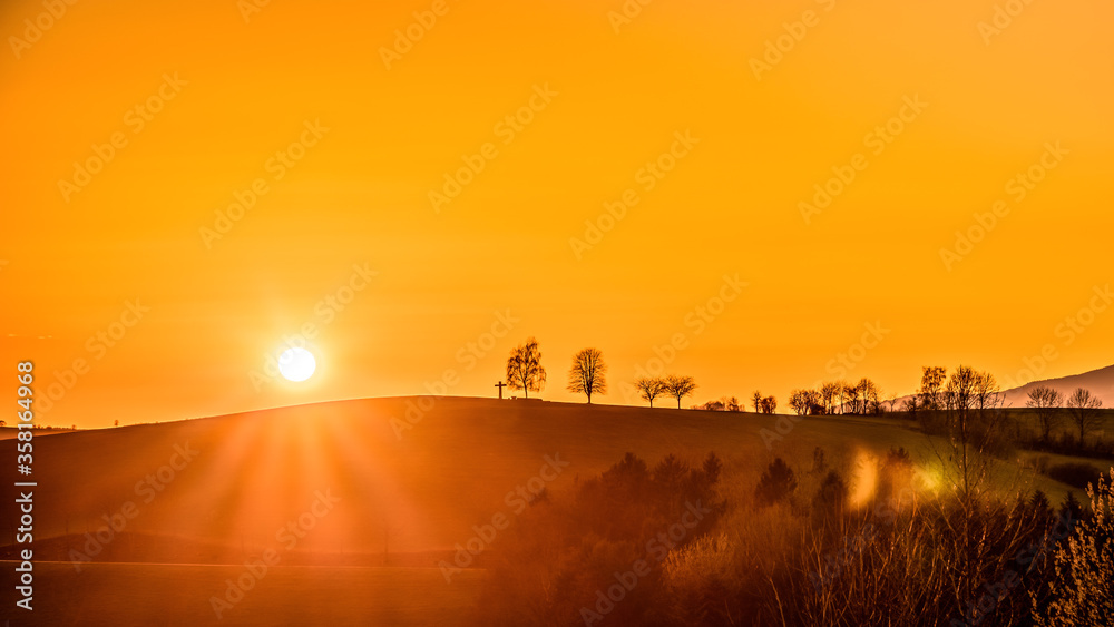 Sonnenuntergang ganz in Orange mit Bäumen am Horizont