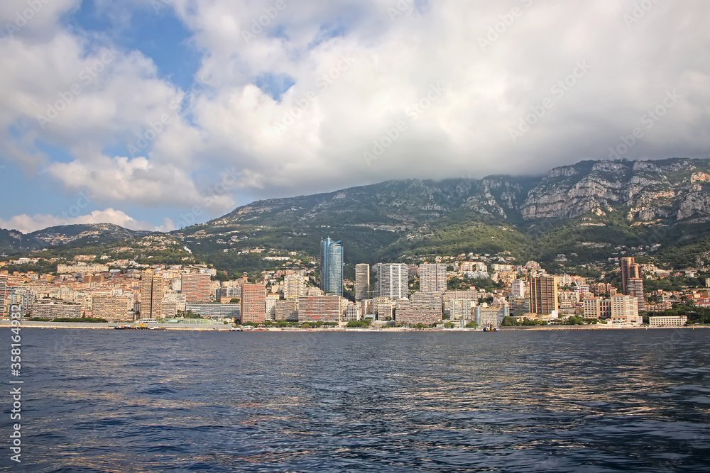 View from the sea of the Principality of Monaco, which is a sovereign city, state, country, and microstate on the French Riviera in Western Europe. 