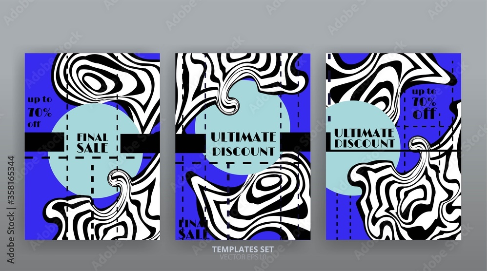 Obraz premium Abstract marable texture advertising placard design template. Trendy geometric lines poster and fluid cover design.