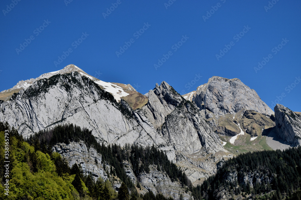 Gebirgslandschaft in Wildhaus in der Schweiz bei strahlend blauem Himmel 7.5.2020