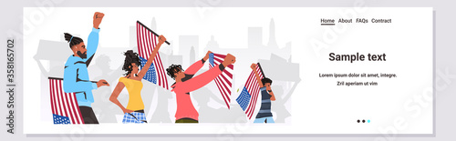 african american people holding usa flags and banners black lives matter campaign against racial discrimination of dark skin color portrait copy space horizontal vector illustration