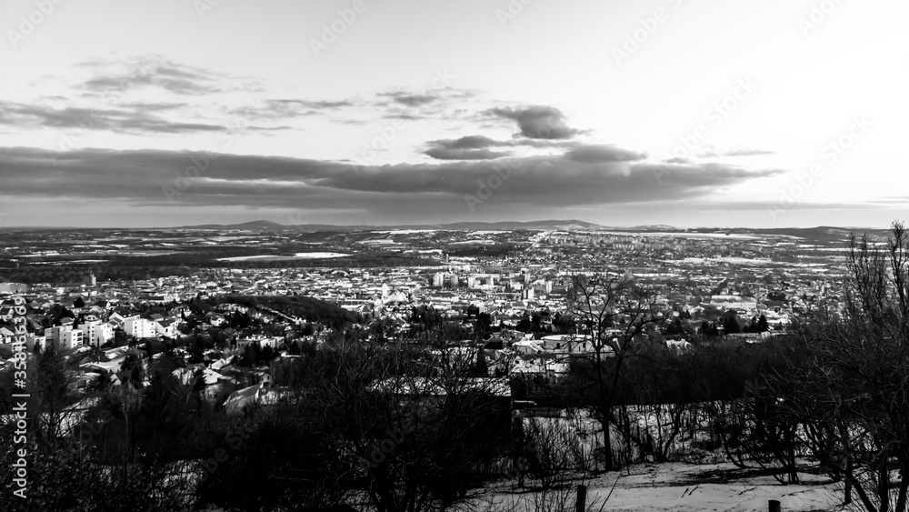 Black and white photo of the city of Pecs in Hungary, Europe Black and white photo of the city of Pecs in Hungary, Europe