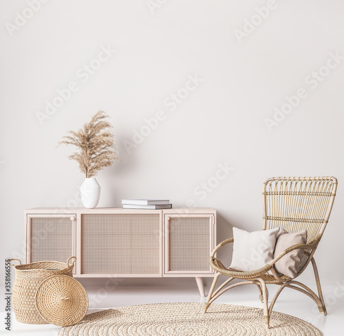 Wooden natural furniture in Scandinavian living room design, interior wall mock up