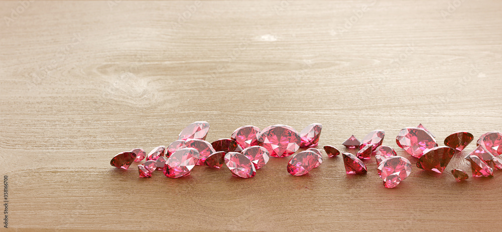 Red Ruby Diamond group placed on wood background 3d rendering