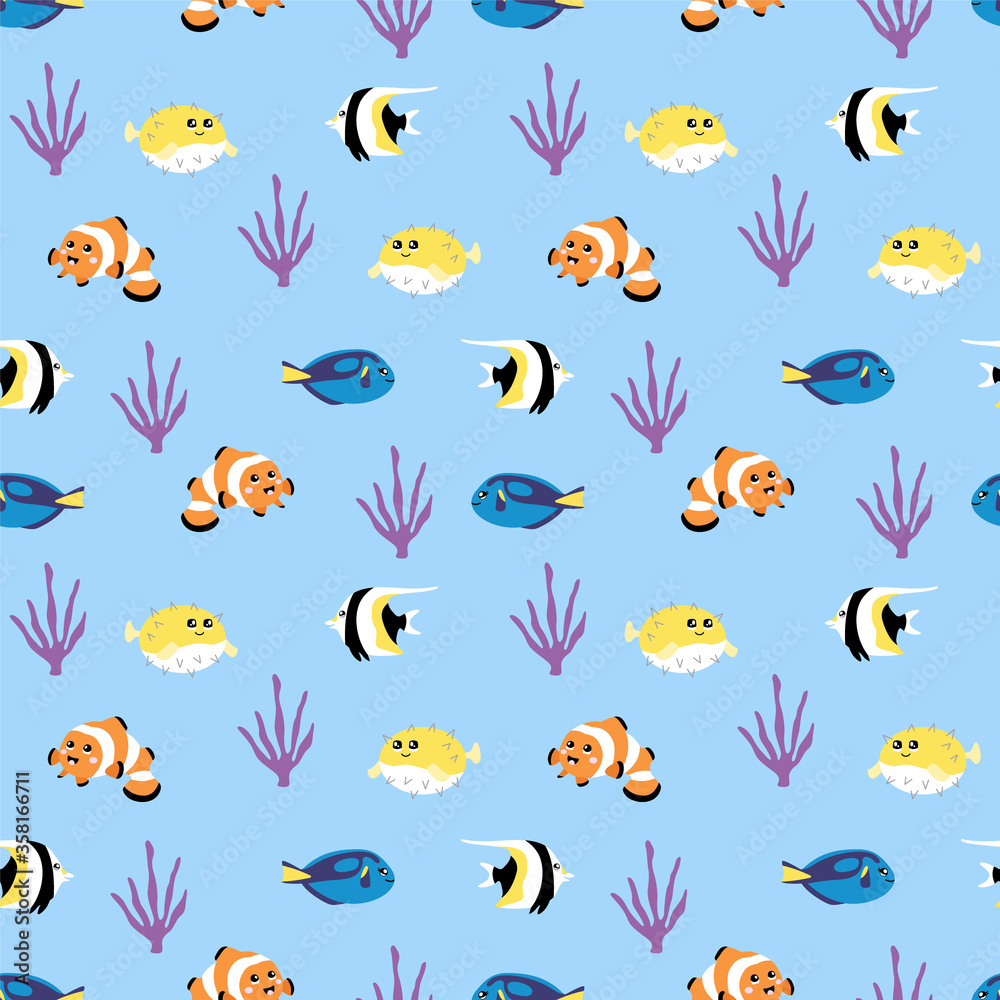 Vector seamless pattern of cute tropical fish.