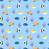 Vector seamless pattern of cute tropical fish.