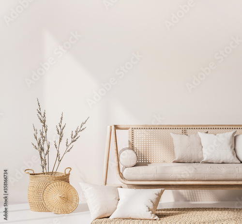 Close up for modern living room interior with natural wooden furniture, rattan basket and trendy carpet. Scandinavian style