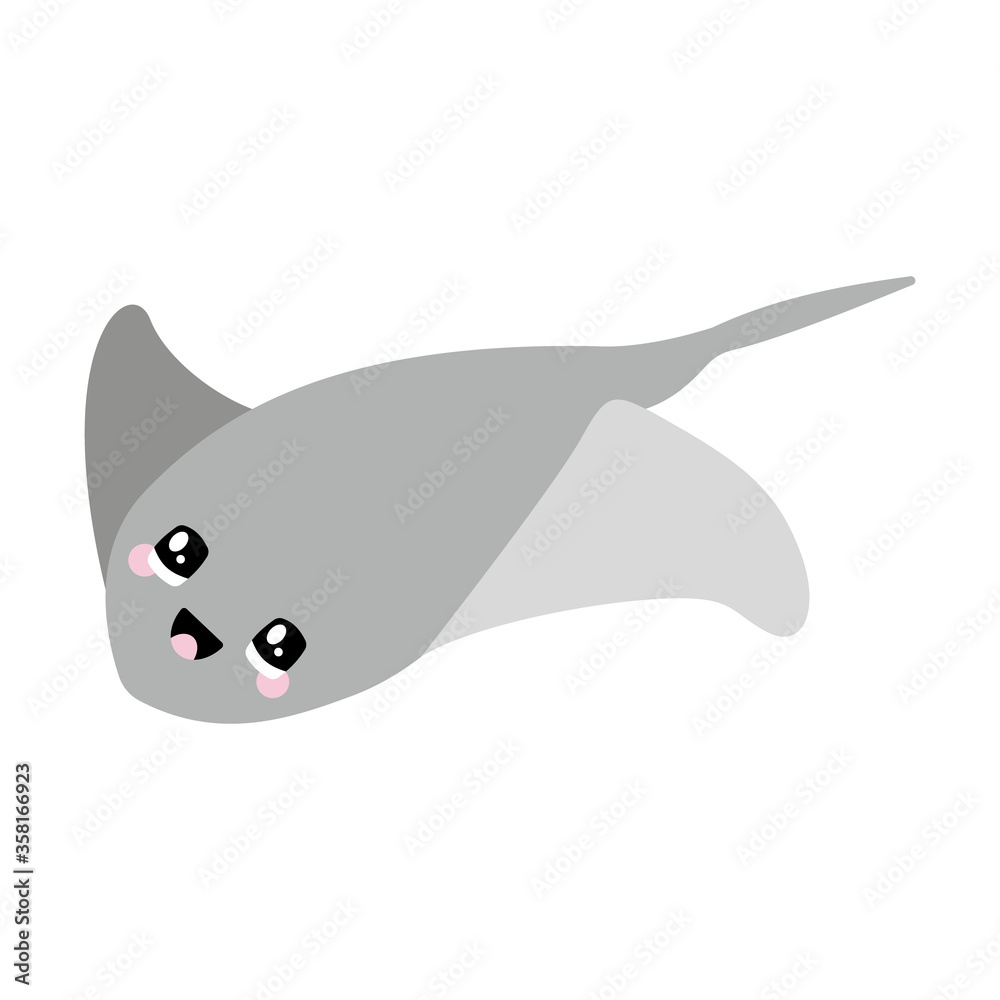 Vector illustration of a stingray with a cute face. Simple, flat, kawaii style.
