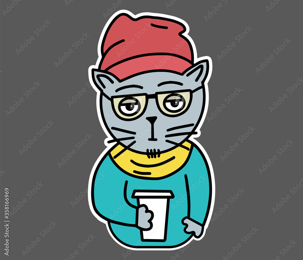 Hipster cat in glasses, clothes, hat, scarf, sweater drinking coffee. Flat style sticker for t-shirt, sweatshirt, banner, poster, postcard.