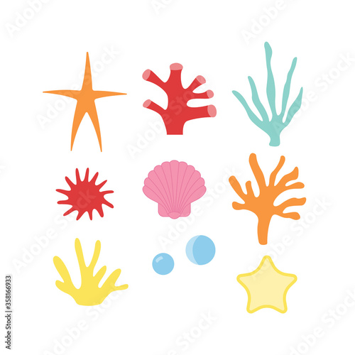 Vector illustration of a set of various corals and starfish. Simple, flat style.