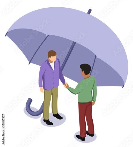 Black afro and white caucasian man shaking hands under umbrella. Tolerance and no racism concept, friendship and peace protection