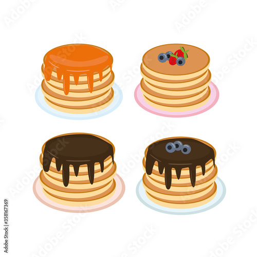 pancakes with maple syrup, honey, chocolate, blueberries and strawberries on a plate in vector flat style. set of elements for design, food, american dessert