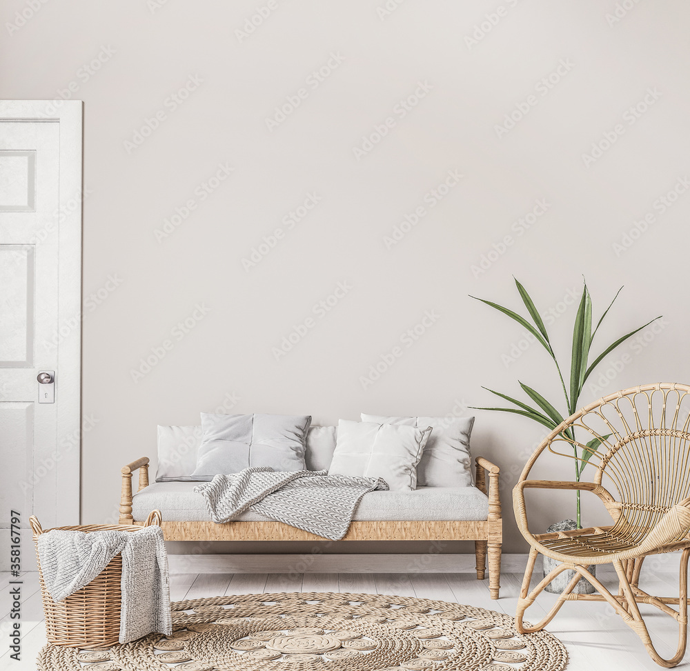 Scandinavian farmhouse living room interior with wooden furniture and rattan chair, wall mock up, 3D render, 3D illustration	 - obrazy, fototapety, plakaty 