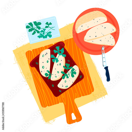 Appetizing toast bread with healthy green grass, crouton lay kitchen cutting board creamy butter concept isolated on white, cartoon vector illustration. Breakfast nutritious food butter knife.