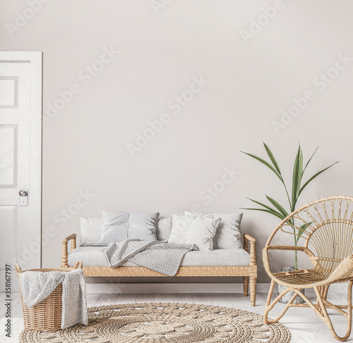 Fototapeta Scandinavian farmhouse living room interior with wooden furniture and rattan cha