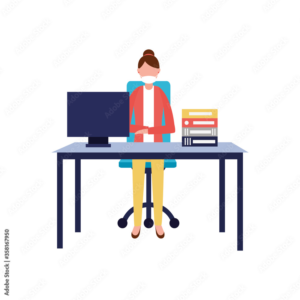 Woman with medical mask on desk vector design Woman with medical mask on desk vector design