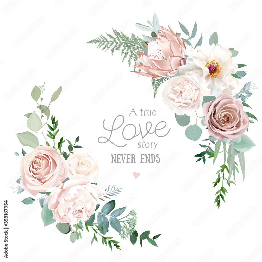 Naklejka Silver sage and blush pink flowers vector round frame