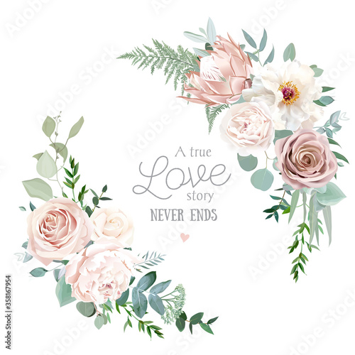 Silver sage and blush pink flowers vector round frame