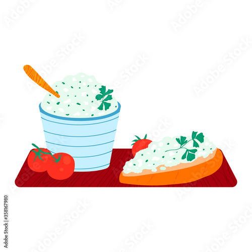 Sour cream with herb, breakfast palatable toast bread concept isolated on white, cartoon vector illustration. Healthy vegetable tomato, pot milk butter and caloric foodstuff kitchen board.