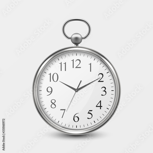 3d Realistic Metal Silver Old Vintage Pocket Watch Icon Closeup Isolated on White Background. Antique Clock Face, Design Template, Stock Vector Illustration