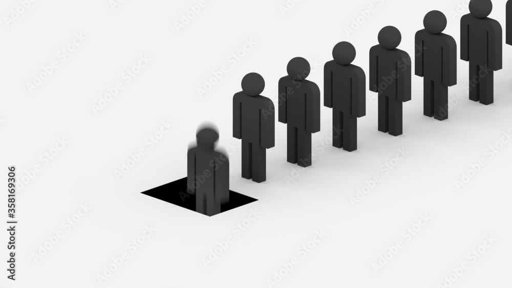 Illustration of corporate layoffs, line of figures falling into a pit, loop Illustration of corporate layoffs, line of figures falling into a pit, loop