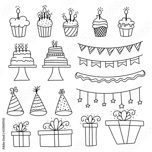 Set of Hand drawn Birthday Doodles.