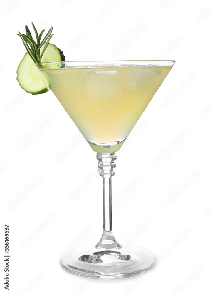 Glass of tasty cucumber martini on white background