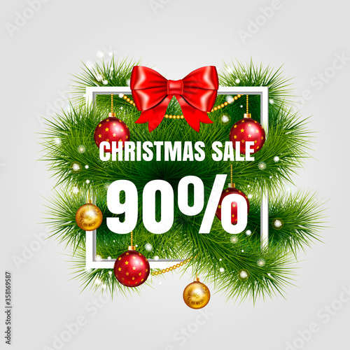 Christmas sale sign vector label 90 sale with red ribbon and green fir tree branches with gold christmas ball. Holiday white square frame. Winter sale. Vector illustration. EPS 10.