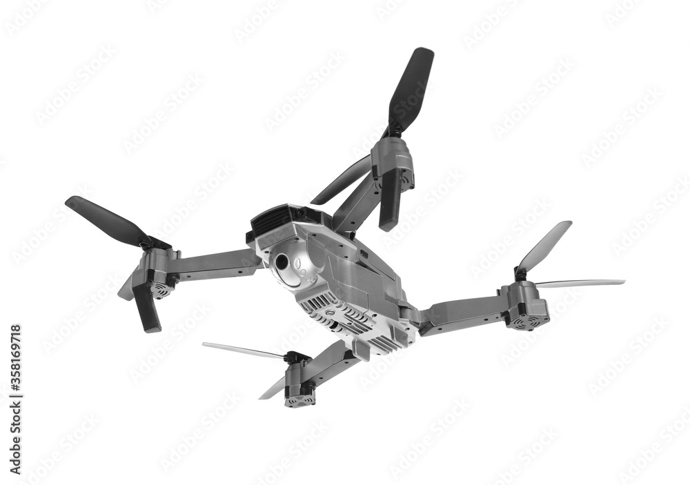 Modern drone with camera isolated on white Modern drone with camera isolated on white