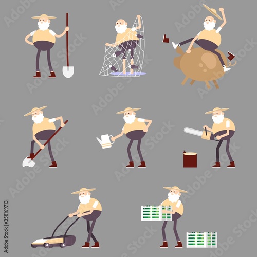 Old farmer digs, catches fish, watered, sits astride a pig, cuts firewood, mows grass, drags boxes