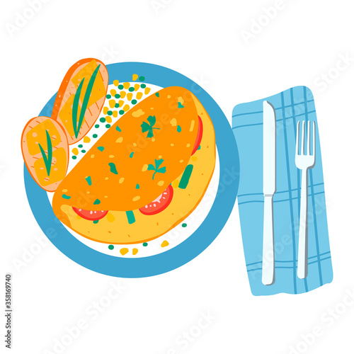 Mexican style breakfast flatbread vegetable filling and chicken meat, toast bread lay plate isolated on white, cartoon vector illustration. Cookware food fork bowl and knife, nutritious food.