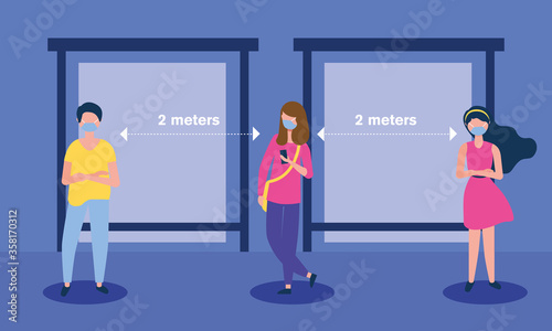 Social distancing between boy and girls with masks at bus station vector design
