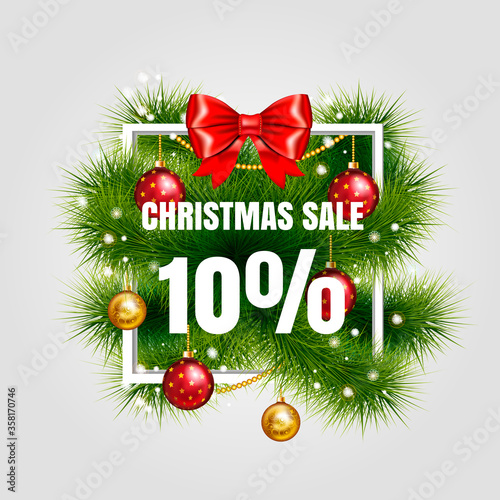 Christmas sale sign vector label 10 sale with red ribbon and green fir tree branches with gold christmas ball. Holiday white square frame. Winter sale. Vector illustration. EPS 10.