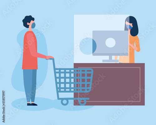 boy with mask shopping cart and saleswoman with computer vector design