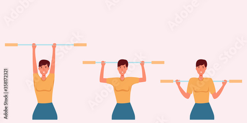 
Cartoon girl doing exercises with a stick for the back on a white background. The concept of restorative fitness. three positions for rehabilitation of the back. Vector flat illustration. Active life