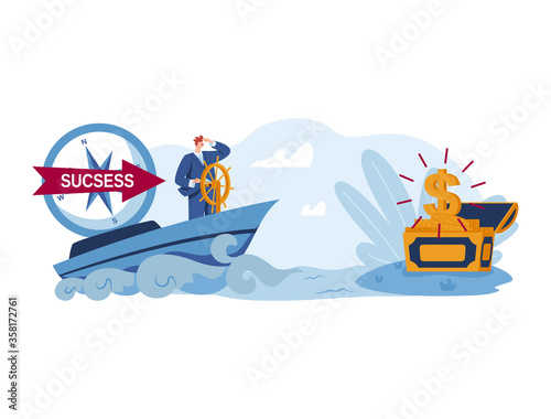 Inscription success  successful achievement goal in business  concept in career advancement  cartoon style vector illustration. Isolated on white  businessman swims quickly on tray to great wealth.