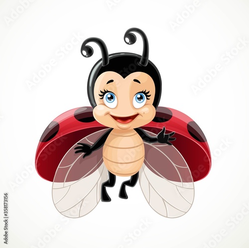 Cute ladybug flies on a white background