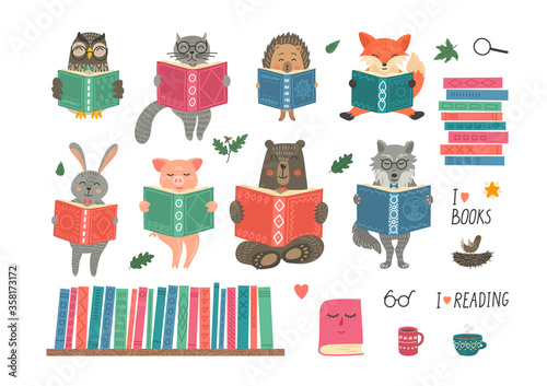 Animals reading book. Set from cute fantasy hand-drawn animals: cat, hare, fox, owl, rabbit, wolf, bear and hedgehog. Children educational illustration.