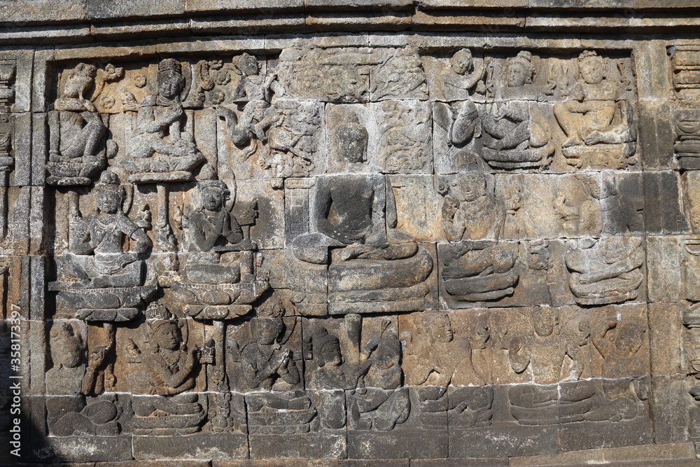Fresque du temple de Borobudur, Indonésie	