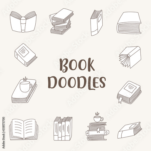 Set of Hand drawn Book doodles. Cute handmade Doodles isolated on white background.