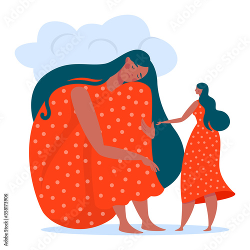 Sad, unhappy girl, young woman, concept of depression, problems stress, flat vector illustration isolated on white background. Depressed, experienced sadness, sitting under cloud, grief disappointment