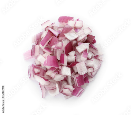Pile of chopped red onion isolated on white, top view