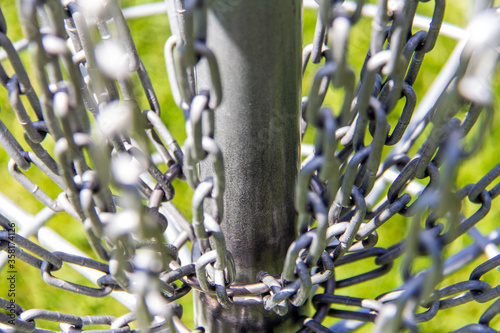 Close-up of the chains on a disc golf basket