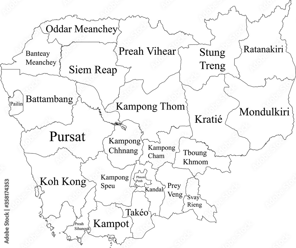 White Labeled Provinces Map of Asian Country of Cambodia