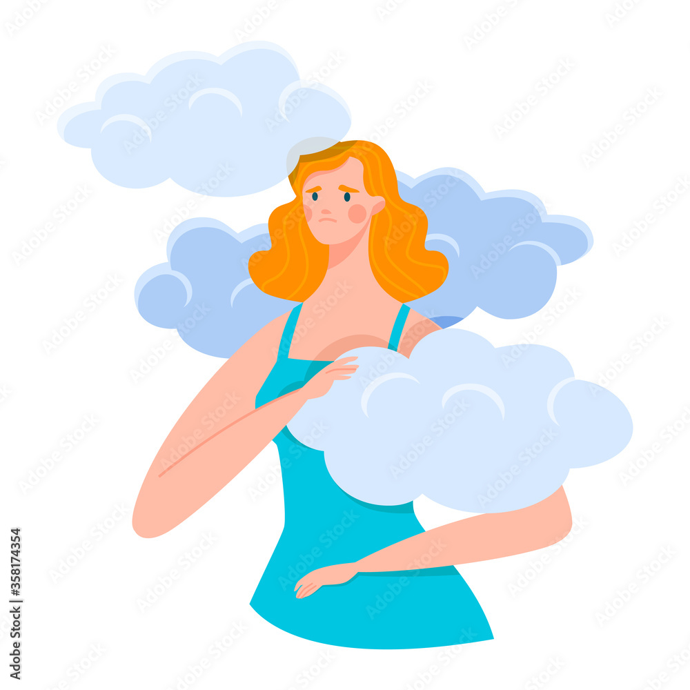 Woman cloud, unhappy look, visionary strategy, suffering loneliness Isolated on white, design, flat style vector illustration. Sweet girl sad, opportunity to be alone, concept depression, psychology. Woman cloud, unhappy look, visionary strategy, suffering loneliness Isolated on white, design, flat style vector illustration. Sweet girl sad, opportunity to be alone, concept depression, psychology.